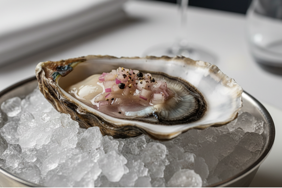 Oyster on a half shell with ice on a plate, set against a blurred background of a restaurant setting.